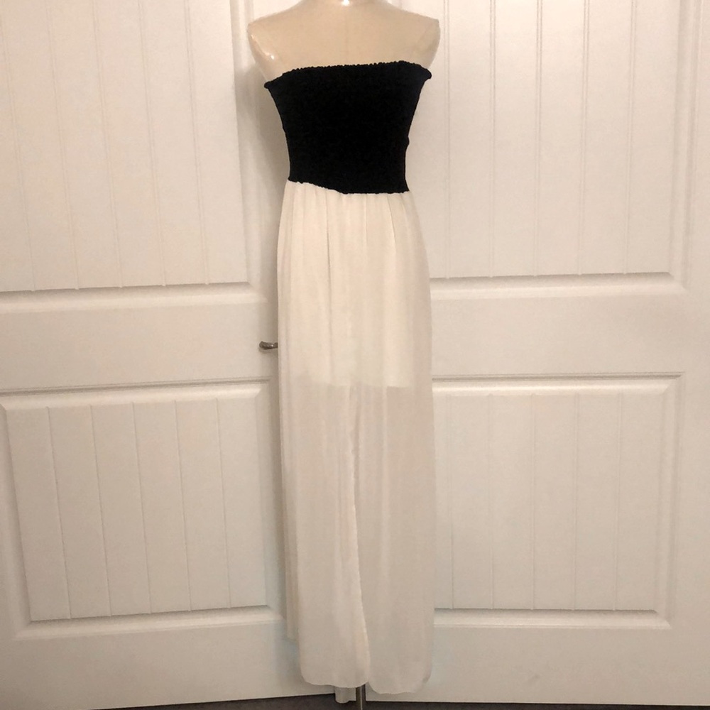 Classic black and white strapless maxi dress